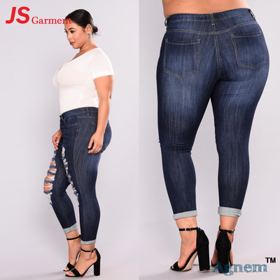 Haut pantalon de jeans de déchirure de taille plus le style large de taille pour la personne de poids excessif